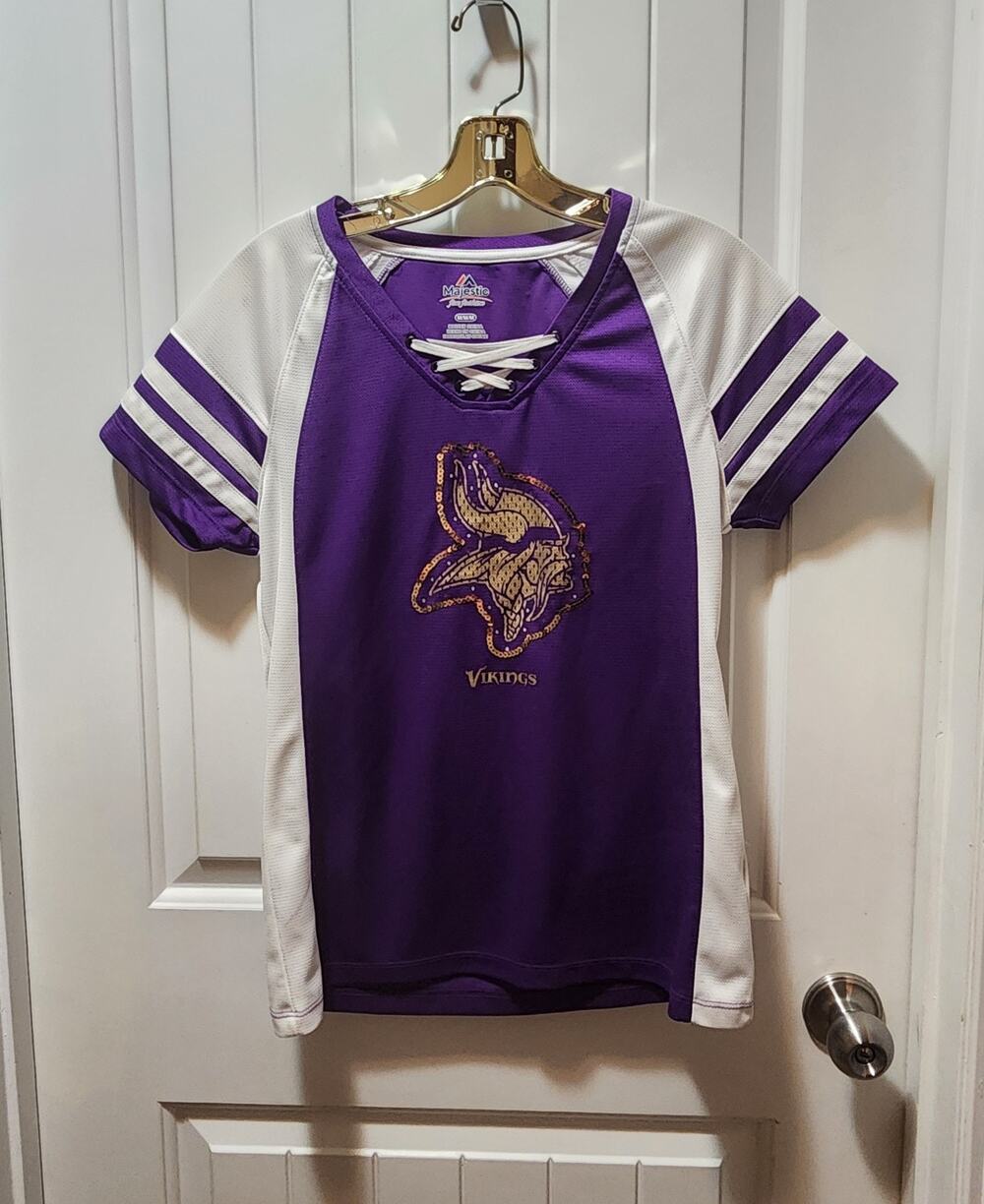NFL Minnesota Vikings Womens M Jersey Shirt Purple White Gold Sparkly V Neck